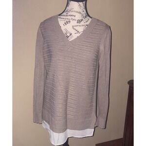 Hilary Radley Two-Fer Layered Sweater Women's Heather Mocha Tan V-Neck MEDIUM